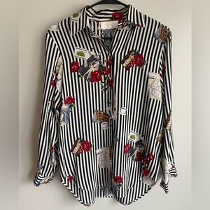 Cache Stripped Silk Floral Blouse